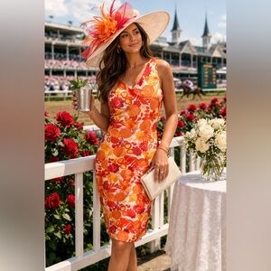 Vintage Bob Mackie Silk Floral Dress Orange Red 60s Mod Sheath Petite 10 derby
